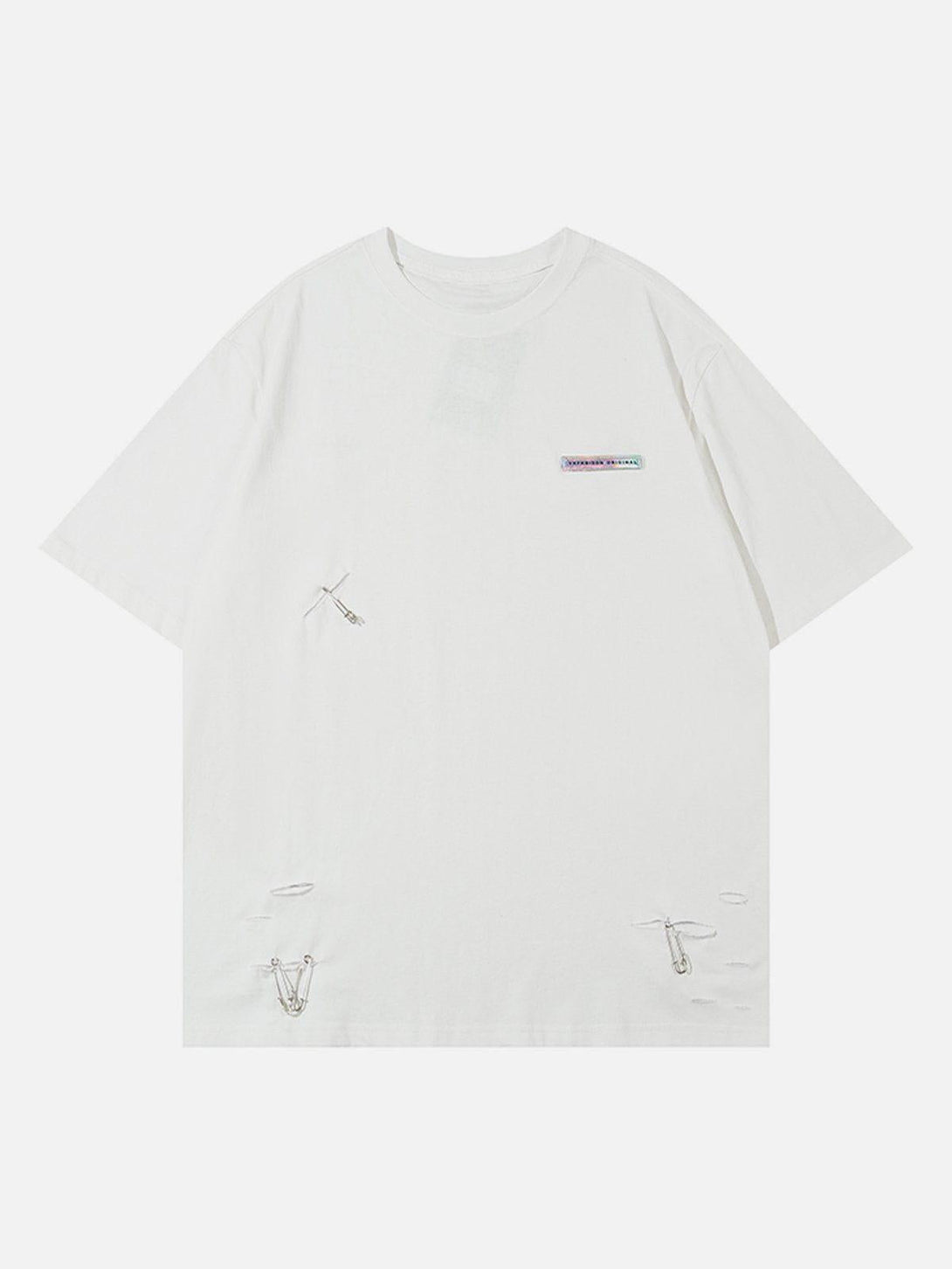Front view of a white tee featuring paper clip accents, a creative design by TALISHKO.