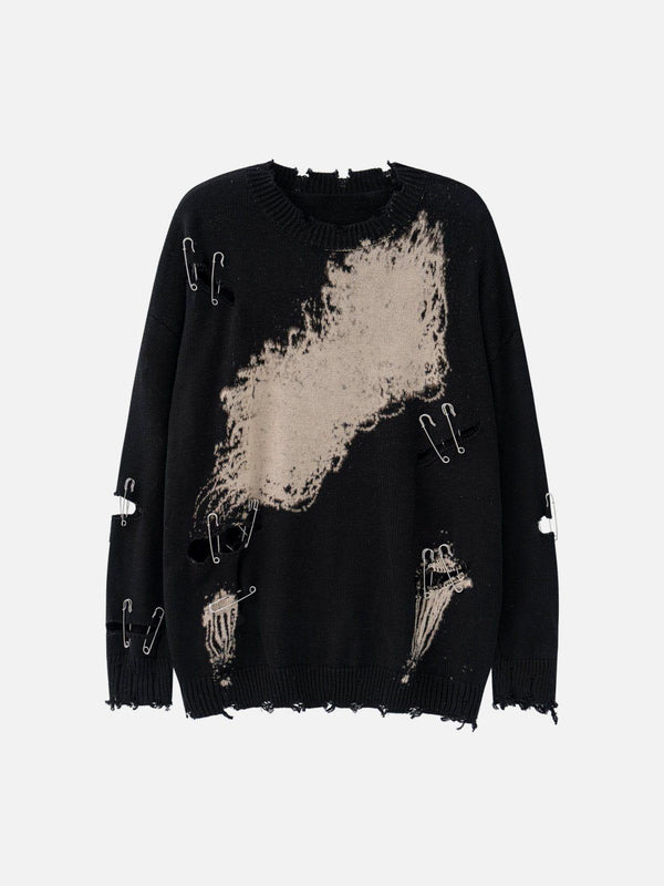 Front view of a black knit sweater with a distressed paperclip design by TALISHKO.