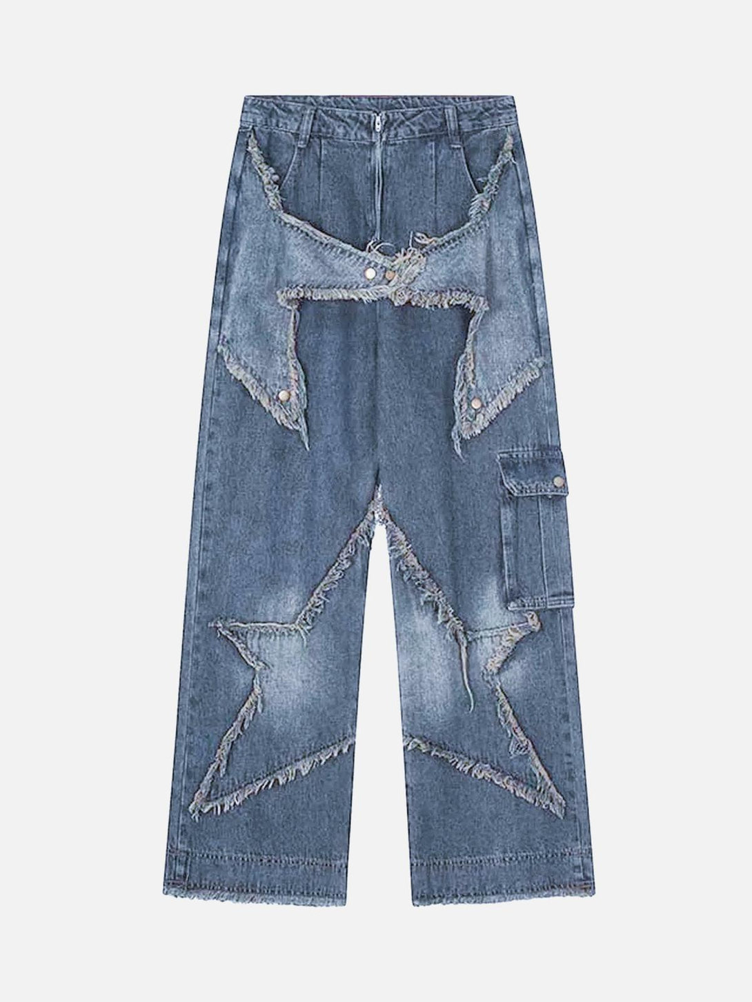 Front view of blue TALISHKO straight-leg jeans with patch embroidery, ideal for urban style.