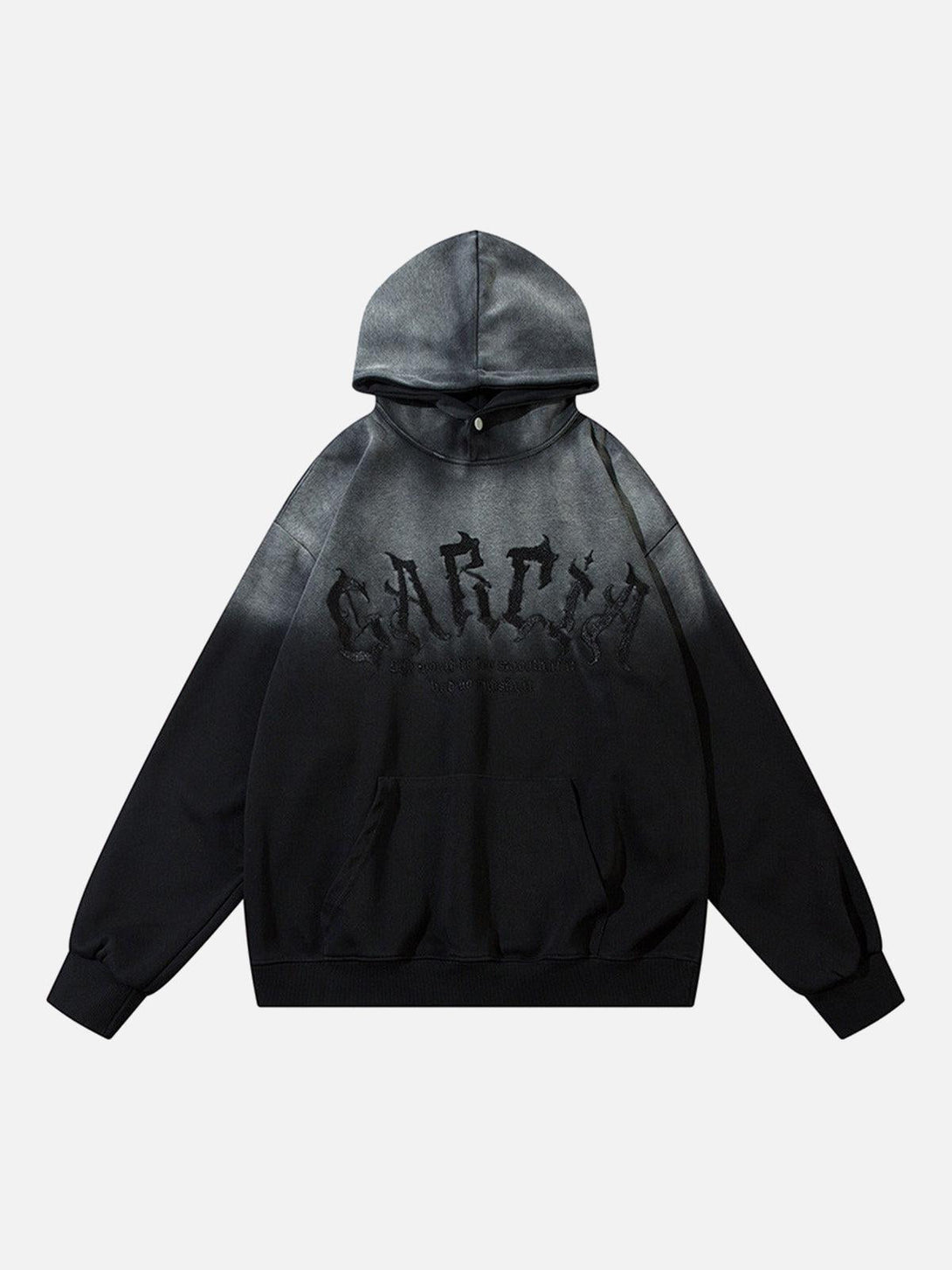 Front view of TALISHKO's black hoodie featuring gradient embroidery, perfect for urban style.
