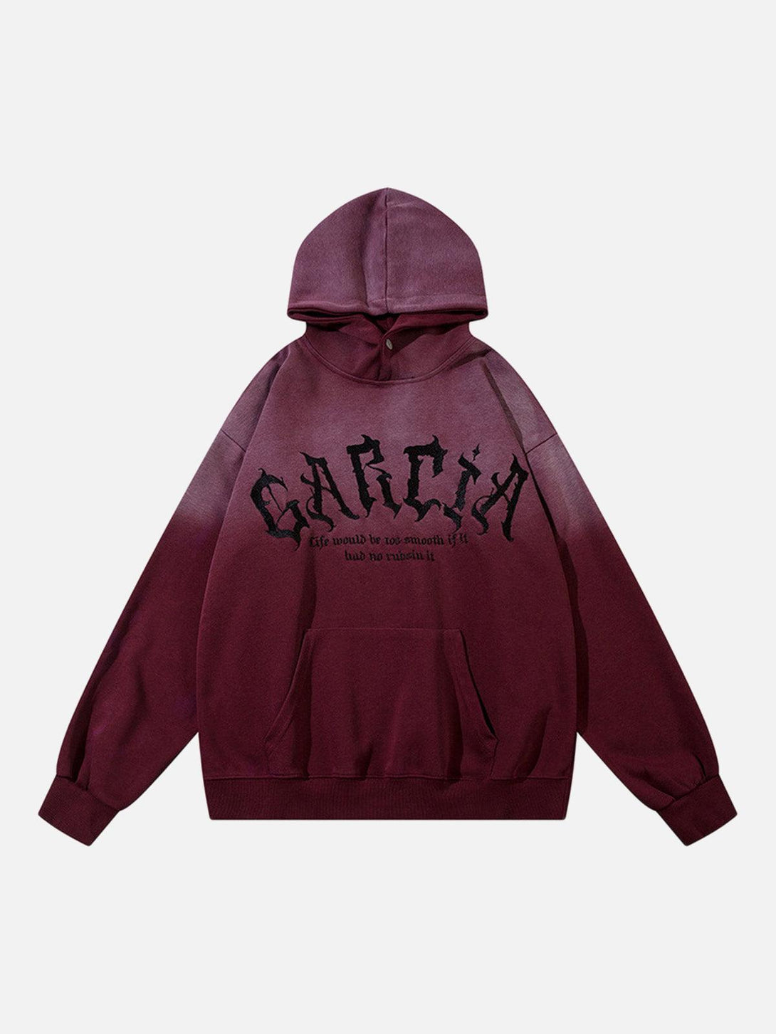 Front view of TALISHKO's dark purple hoodie with bold embroidered lettering, ideal for trendy outfits.