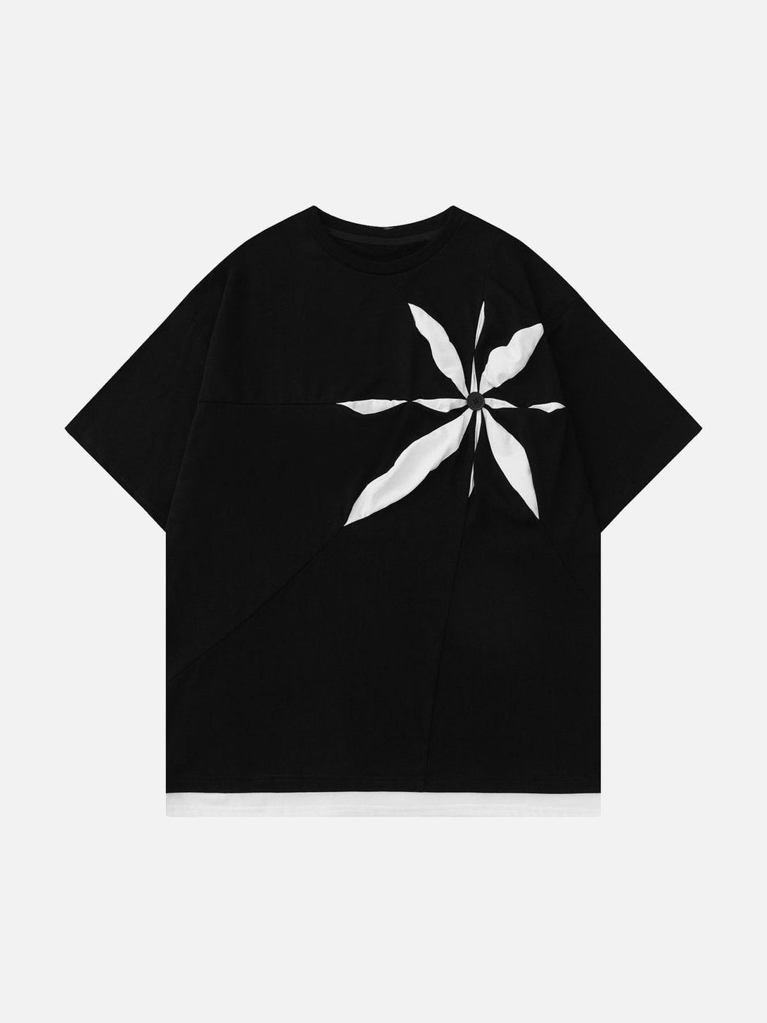 Front view of black tee with a 3D patchwork design, crafted by TALISHKO for stylish summer looks.