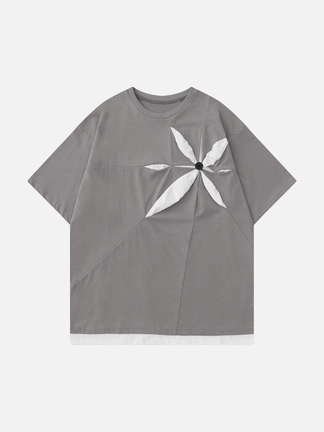 Front view of gray tee with 3D patchwork design by TALISHKO, perfect for warm-weather style.