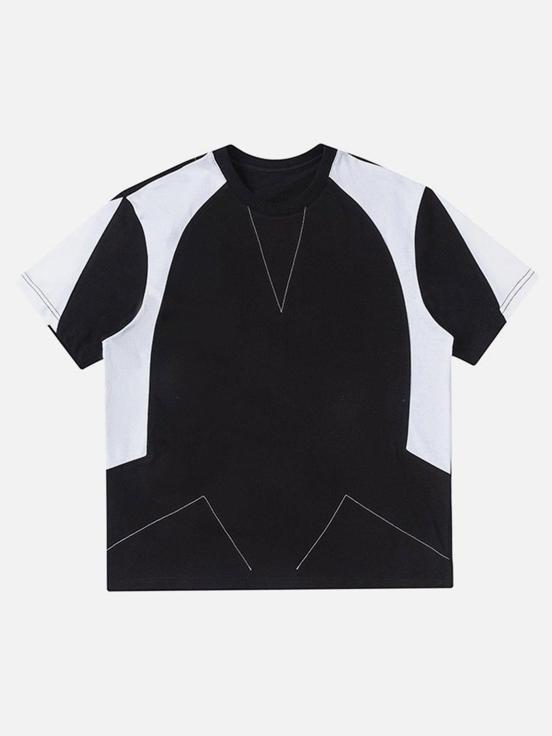 Front view of a black and white patchwork tee by TALISHKO, featuring bold color blocking.