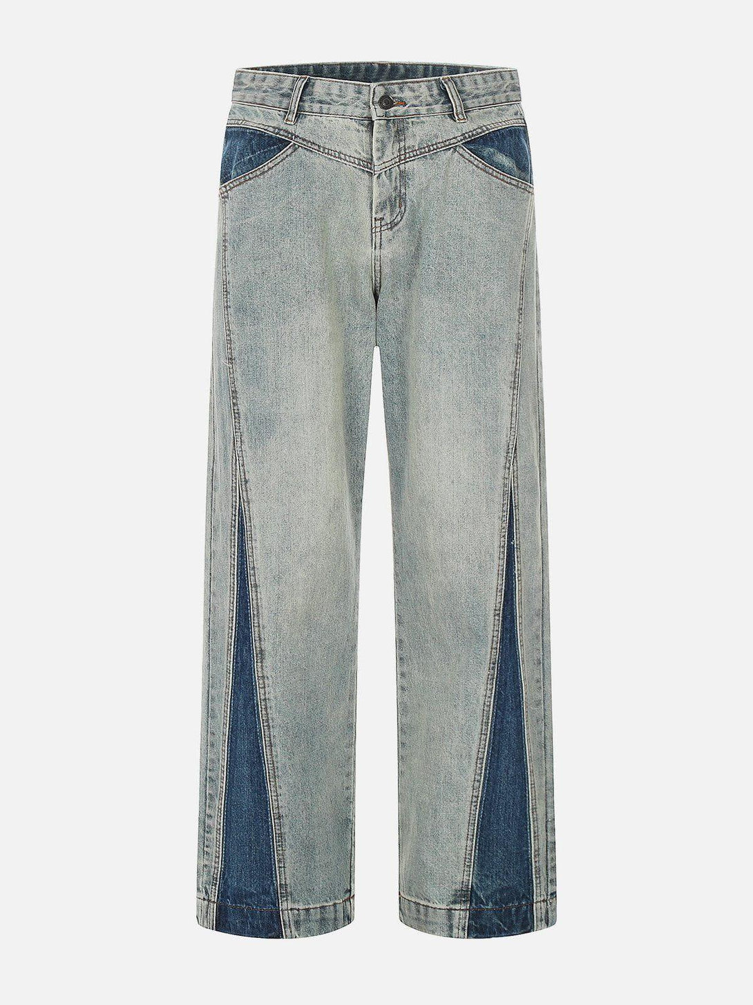 Front view of blue TALISHKO patchwork color-blocking jeans, showcasing a relaxed, trendy design.