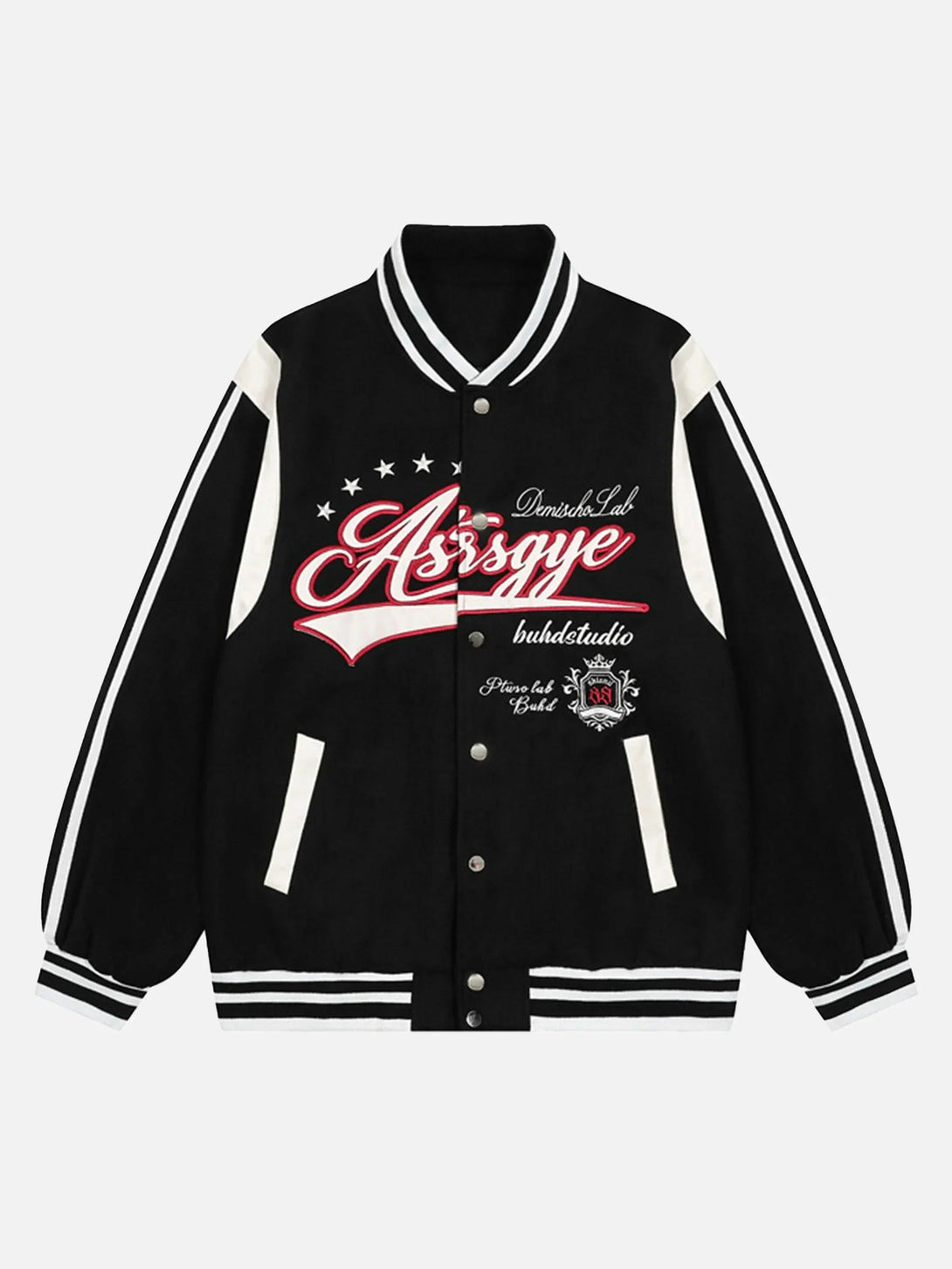 Front view of a black baseball jacket with embroidered details by TALISHKO, perfect for casual style.