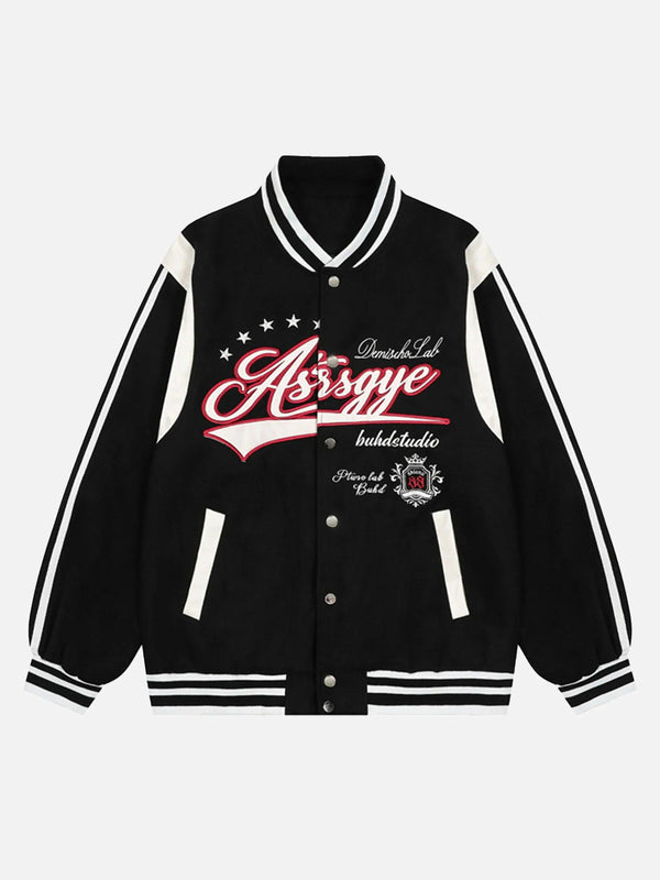 Front view of a black baseball jacket with embroidered details by TALISHKO, perfect for casual style.