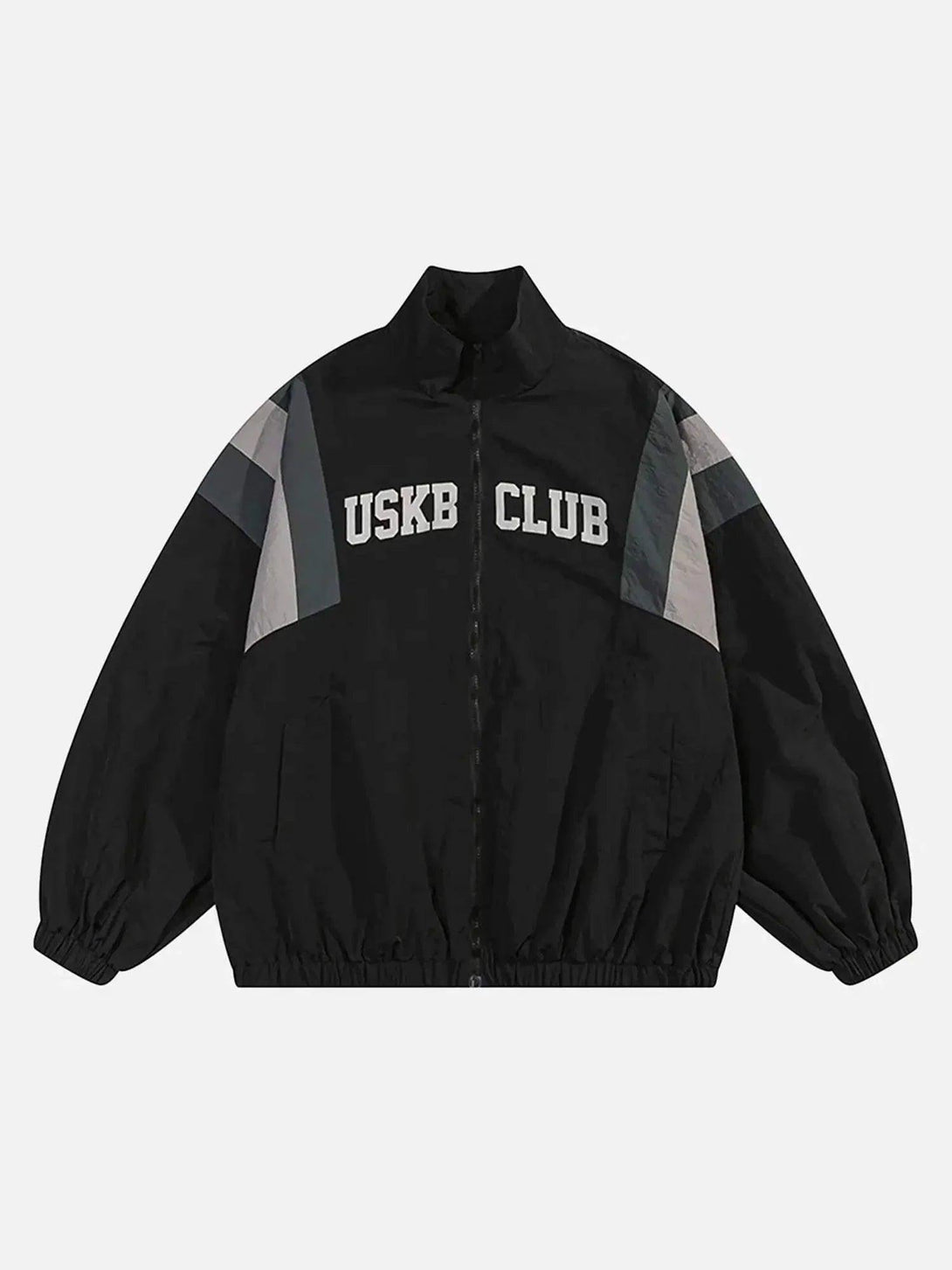 Front view of a black windbreaker jacket with patchwork design by TALISHKO, ideal for urban style.