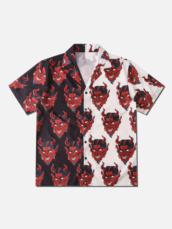 Front view of TALISHKO patchwork shirt featuring red devil motif on contrasting panels.