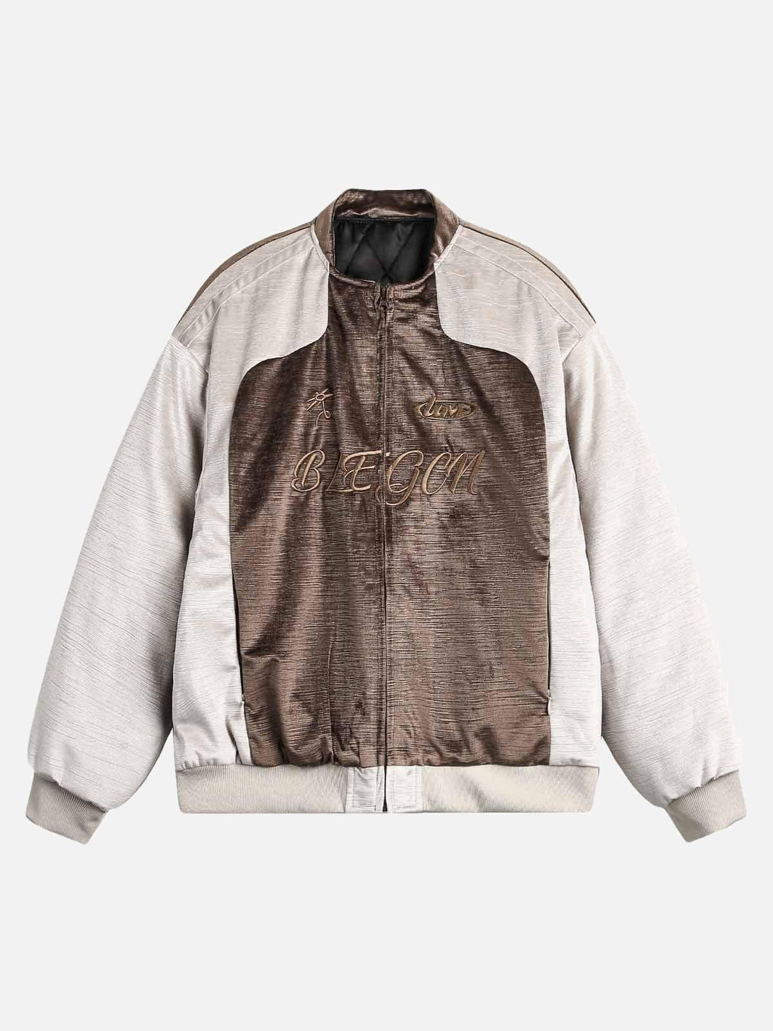 Brown patchwork bomber jacket with embroidery by TALISHKO, front view highlighting urban style.
