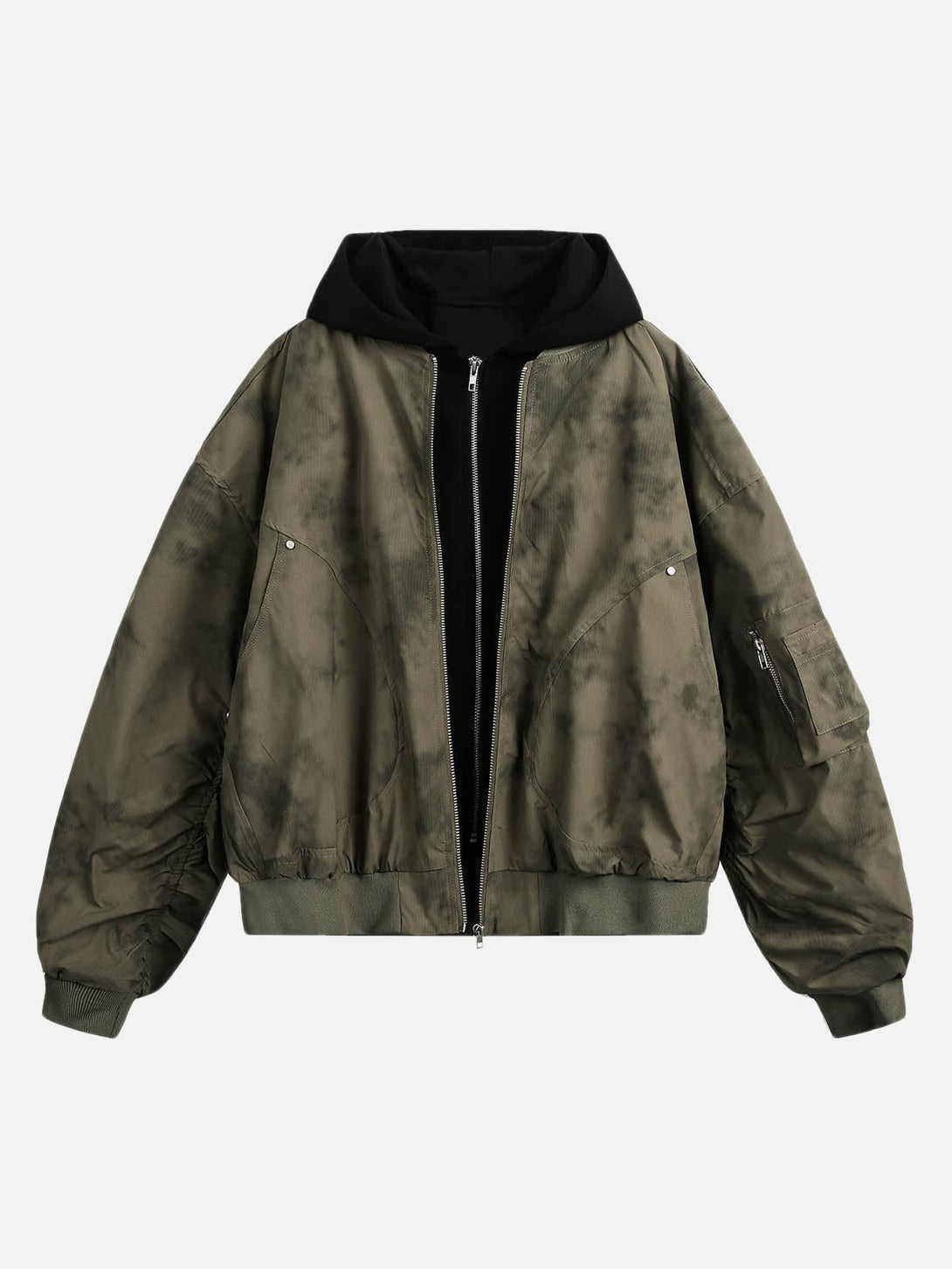 Front view of a dark green hooded bomber jacket by TALISHKO, featuring a trendy gradient design.