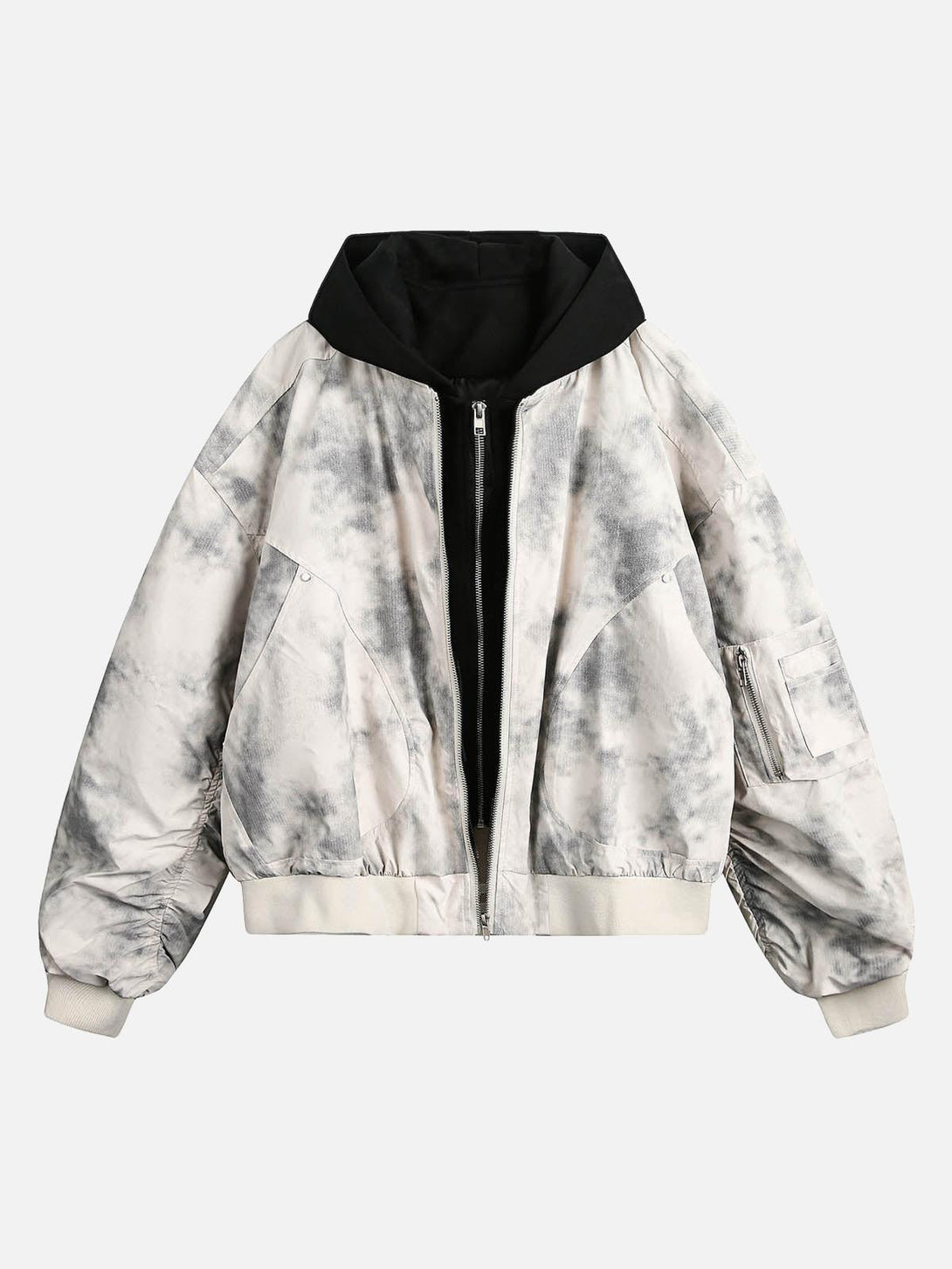 Front view of a white gradient hooded bomber jacket by TALISHKO, showcasing a stylish urban look.