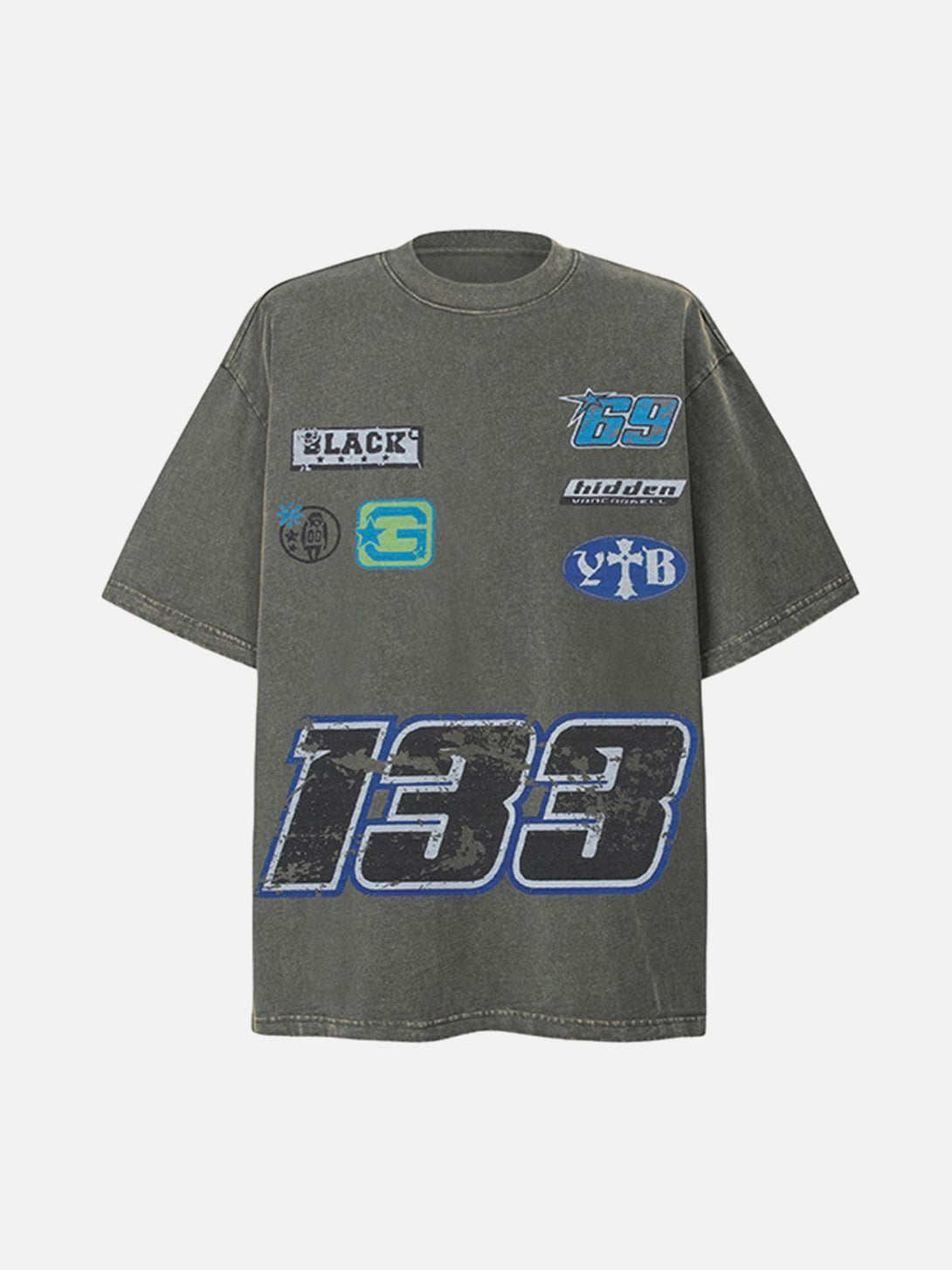 Front view of a gray oversized tee by TALISHKO, featuring bold patchwork graphics and numbers.