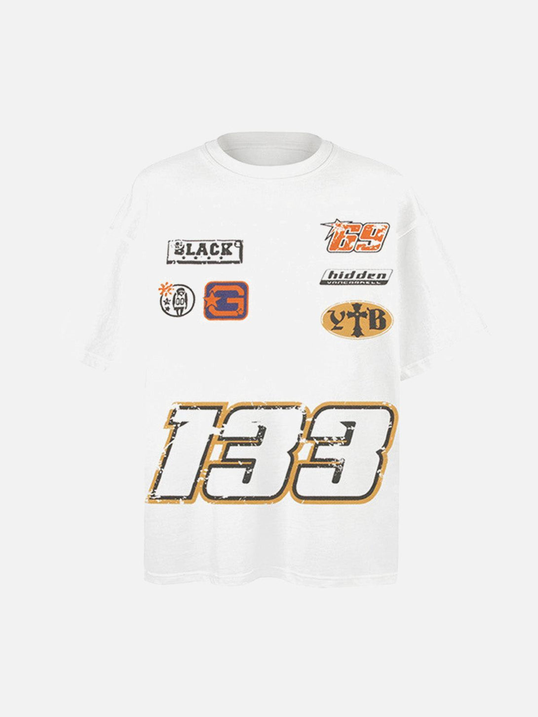 Front view of a white oversized tee by TALISHKO, featuring vibrant patchwork graphics and numbers.
