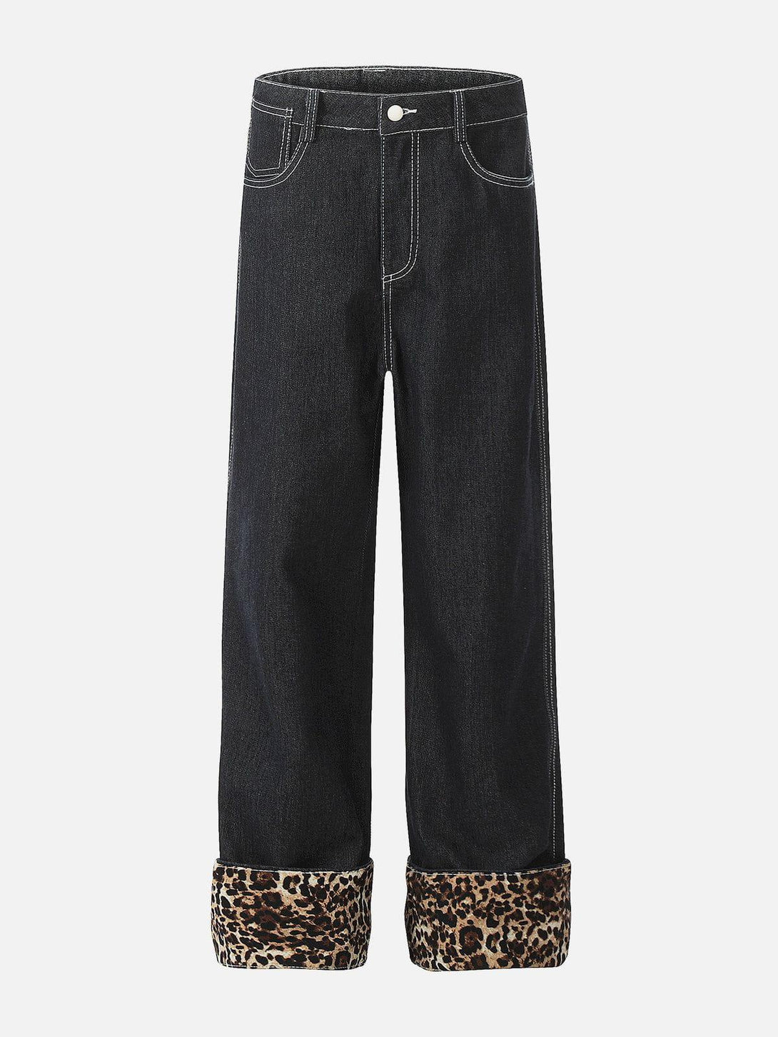 Front view of TALISHKO black jeans with leopard print cuffs, perfect for bold street style.