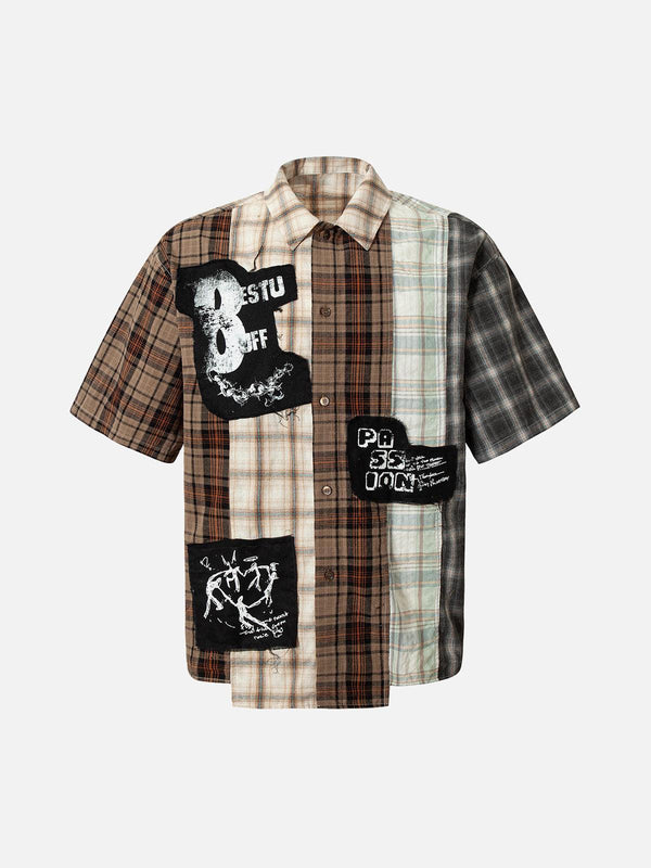 Front view of a brown patchwork plaid short-sleeve shirt by TALISHKO, featuring unique prints.