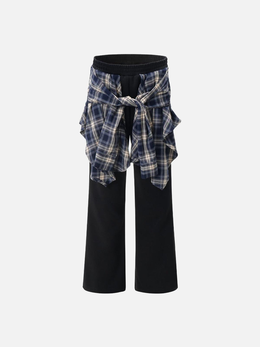 Front view of black sweatpants with plaid wrap detail by TALISHKO, offering a layered style.