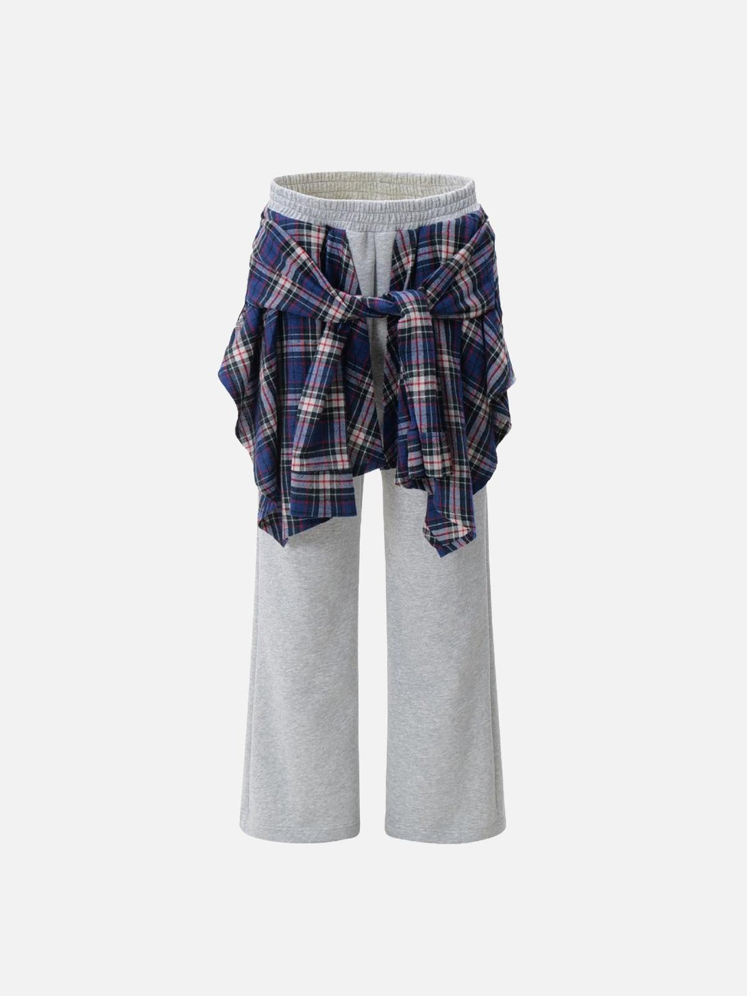Front view of gray sweatpants with plaid wrap detail, a unique style by TALISHKO.