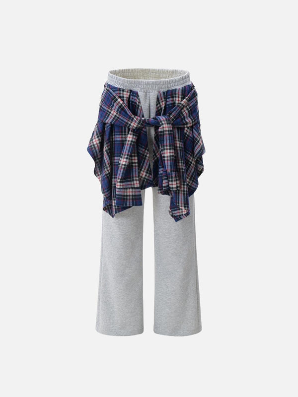 Front view of gray sweatpants with plaid wrap detail, a unique style by TALISHKO.