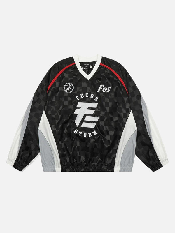 Front view of a black plaid jersey sweatshirt by TALISHKO, featuring bold graphic details.