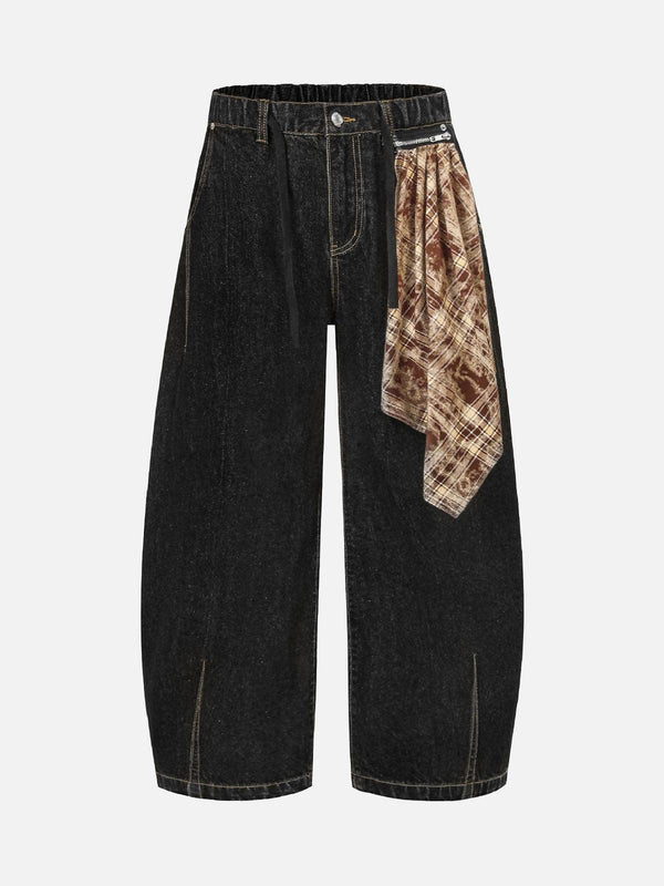 Front view of TALISHKO black patchwork plaid pleated baggy barrel jeans, perfect for urban style.