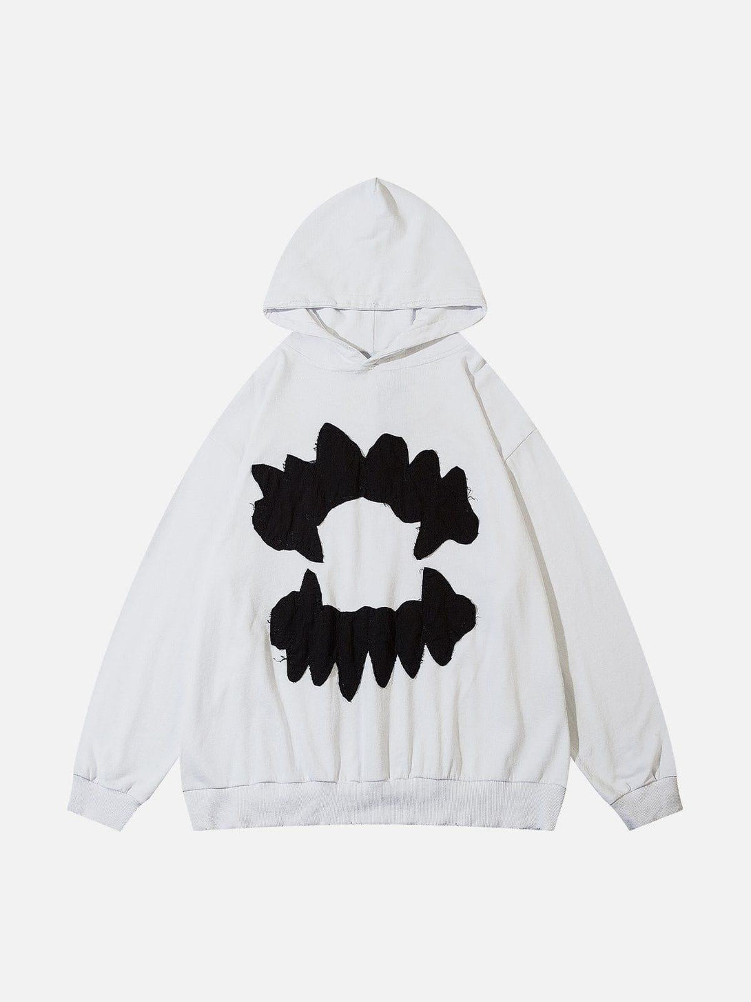Front view of white hoodie featuring bold patchwork design, crafted by TALISHKO.