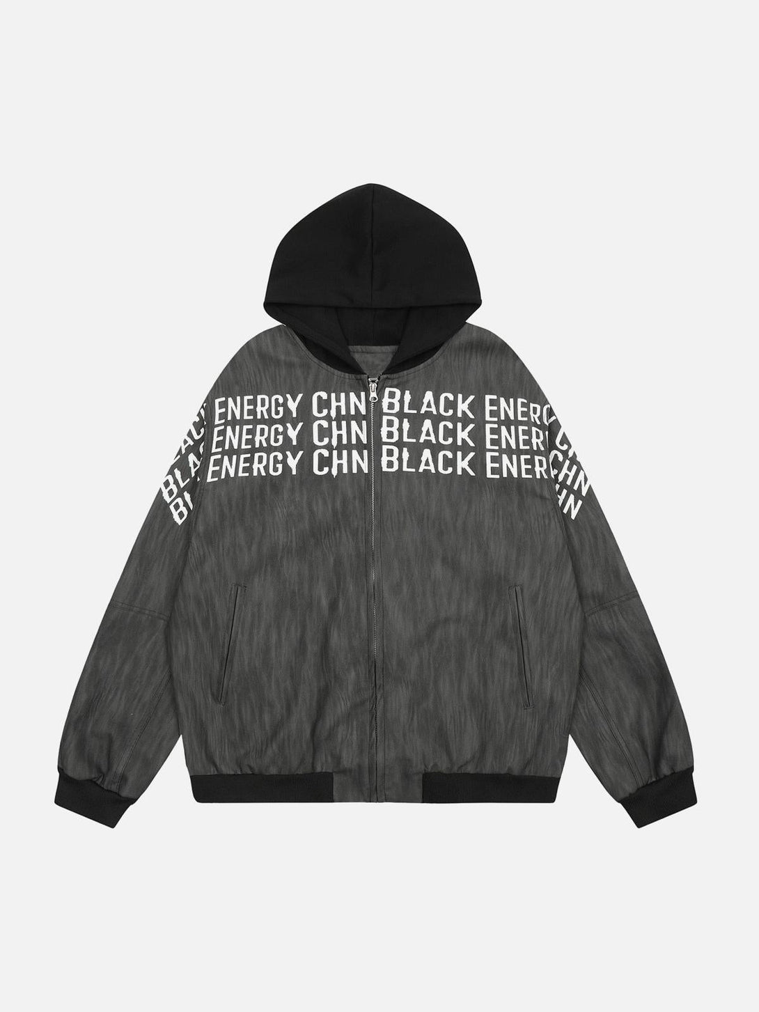 Front view of a gray patchwork print zip-up hooded jacket by TALISHKO, ideal for urban style.