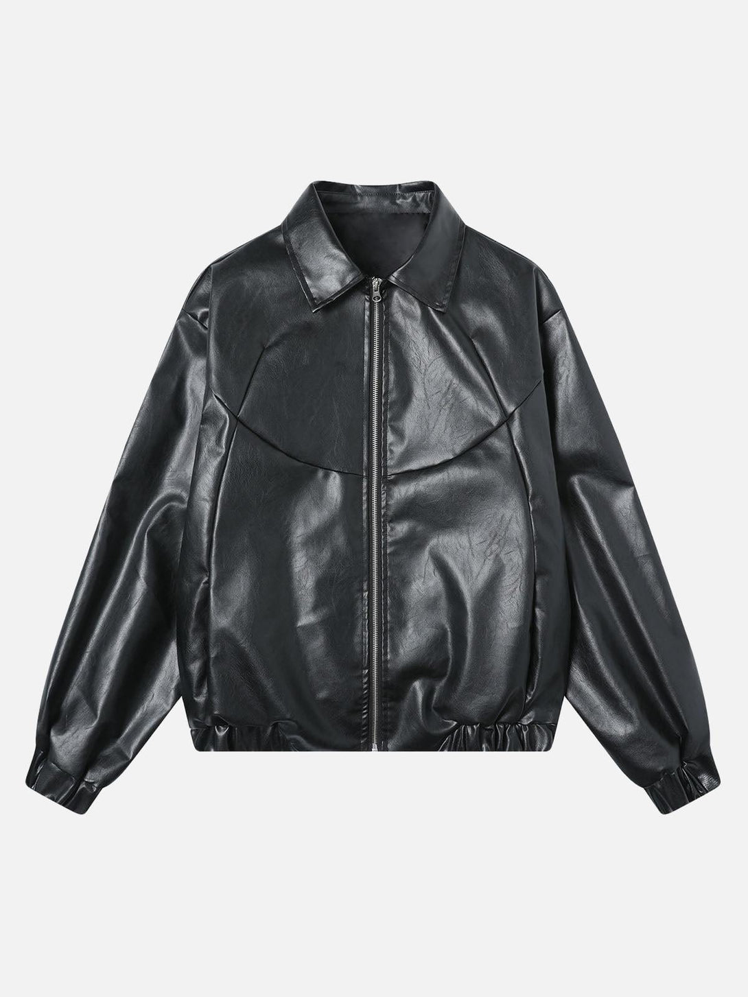Front view of a black PU leather motorcycle jacket by TALISHKO, featuring a sleek design.