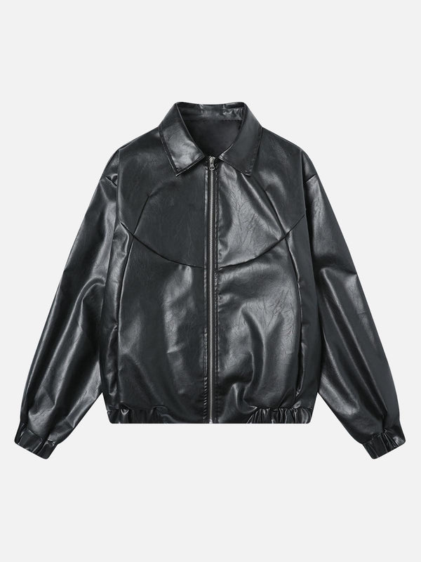 Front view of a black PU leather motorcycle jacket by TALISHKO, featuring a sleek design.