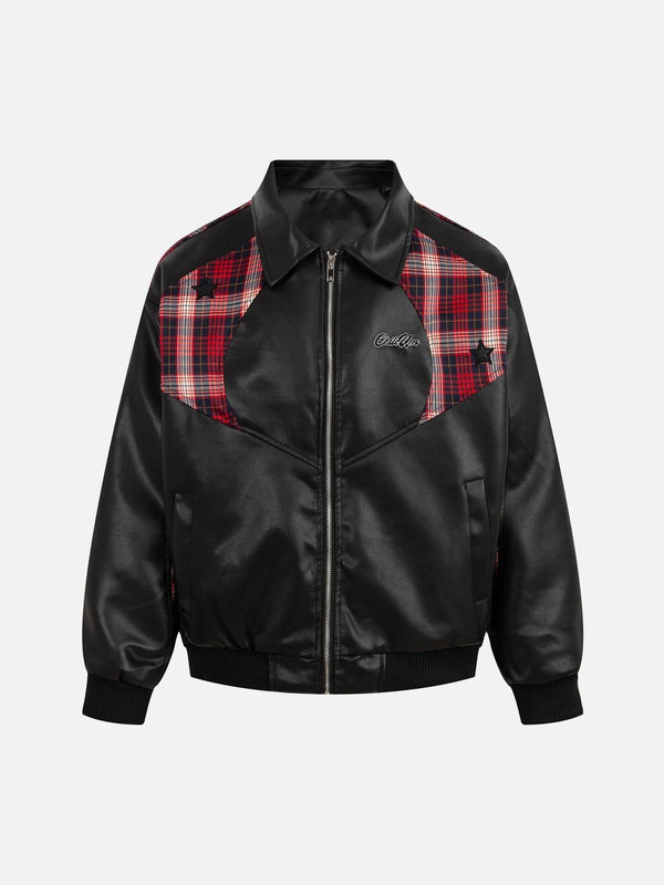 Front view of a black patchwork PU leather jacket by TALISHKO with red plaid accents.