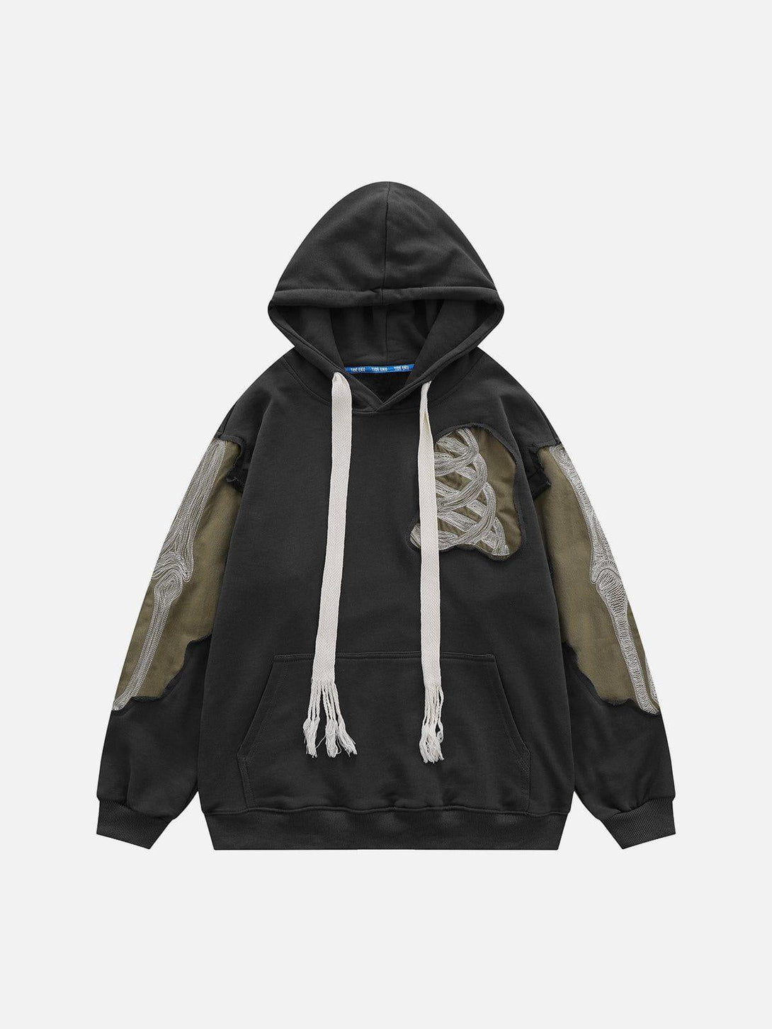 Front view of a dark gray patchwork skeleton hoodie by TALISHKO, featuring unique street style.
