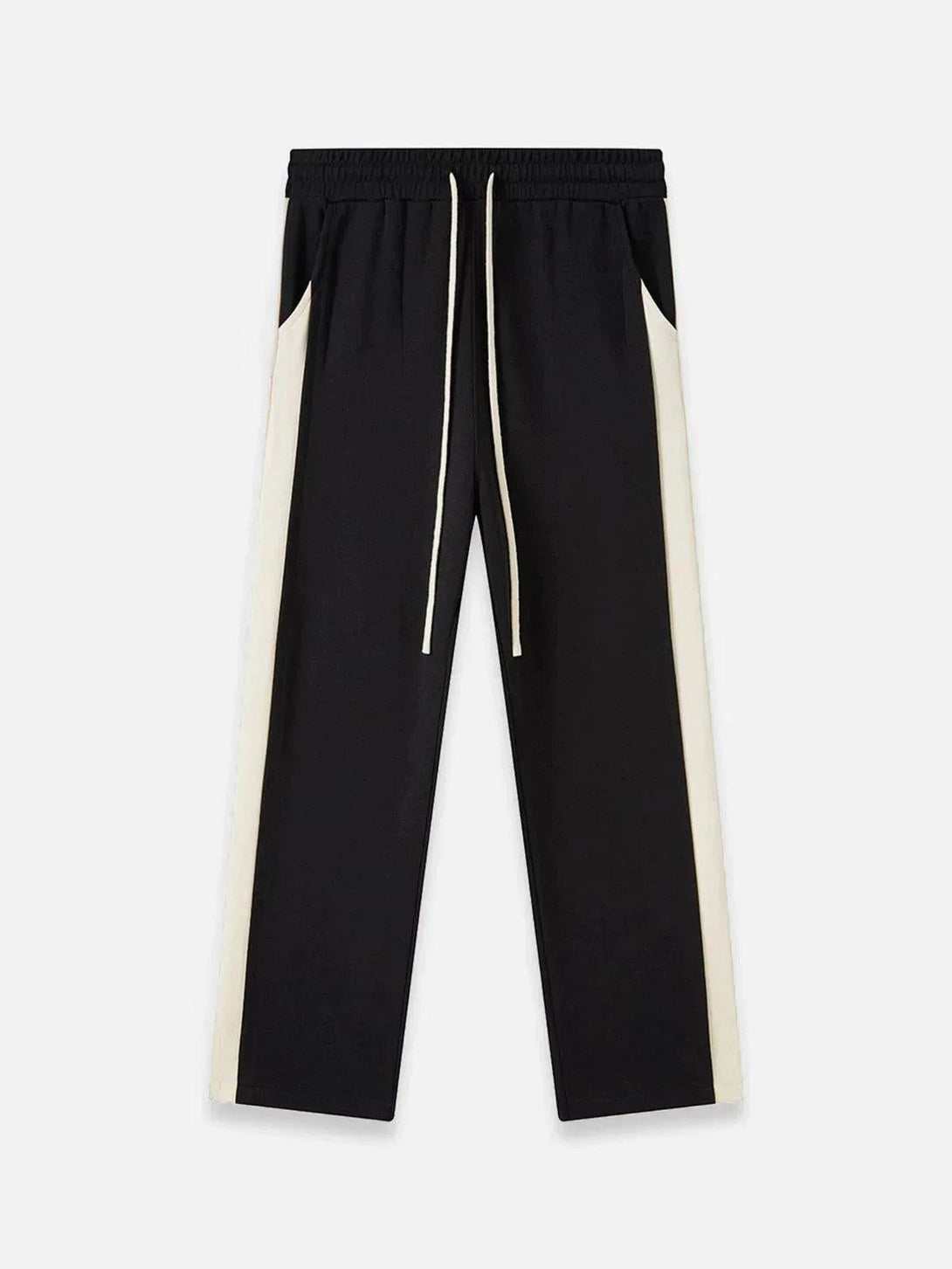 Front view of TALISHKO black patchwork split pants featuring contrasting side stripes.