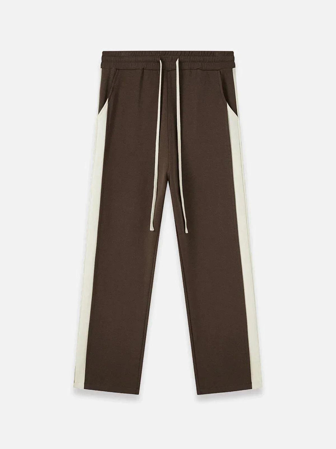 Front view of TALISHKO brown patchwork split pants with contrasting side stripes for urban style.