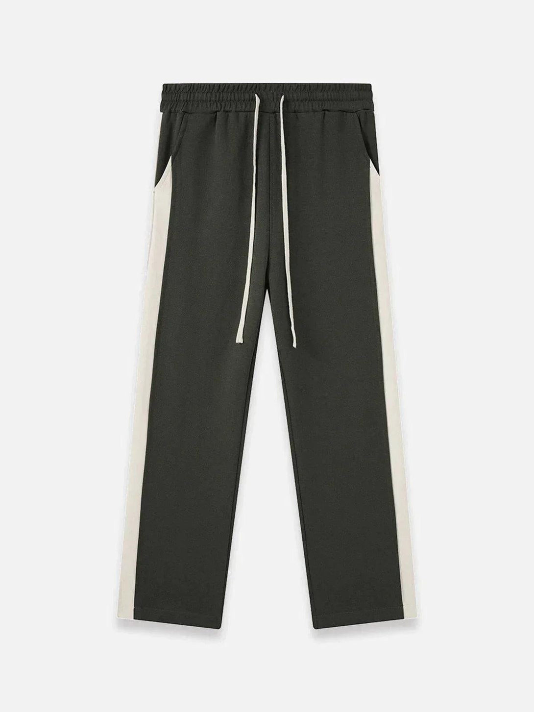 Front view of TALISHKO gray patchwork split pants featuring contrasting side stripes.