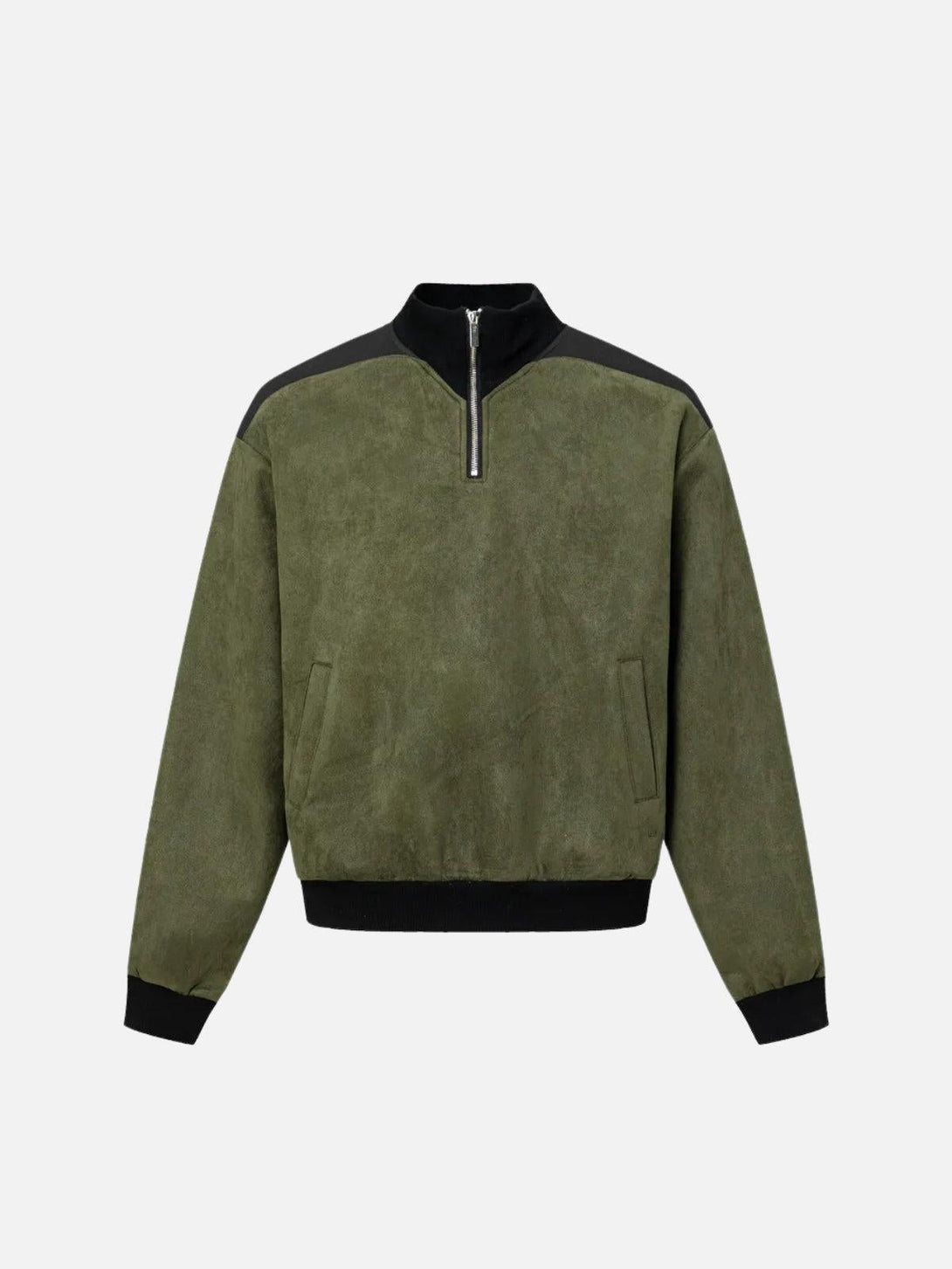 Green patchwork stand collar sweatshirt by TALISHKO, front view showcasing urban style.