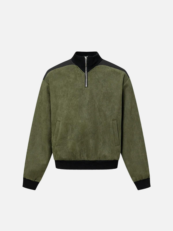 Green patchwork stand collar sweatshirt by TALISHKO, front view showcasing urban style.