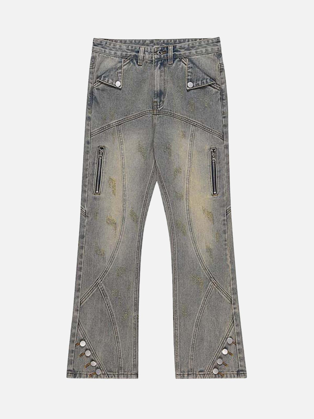 TALISHKO patchwork jeans in blue, front view, showcasing distressed details and zipper accents.
