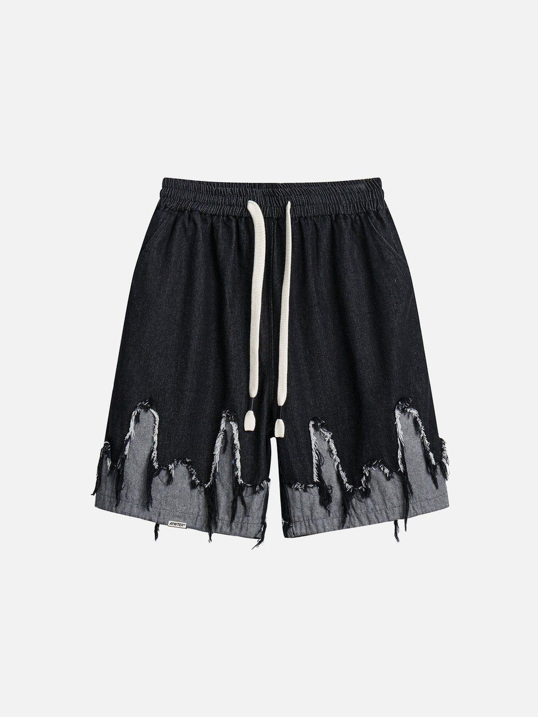 Front view of black patchwork tassel fringe jorts by TALISHKO, perfect for a casual look.