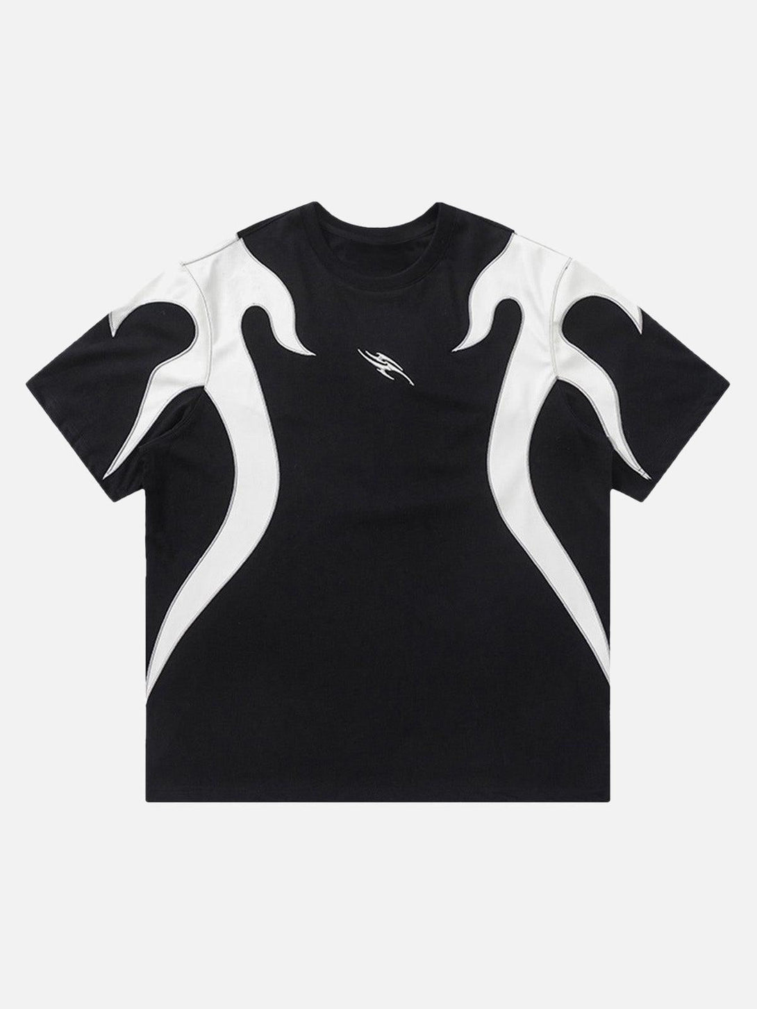 Front view of a black Patchwork Totem T-shirt by TALISHKO, showcasing bold white patterns.