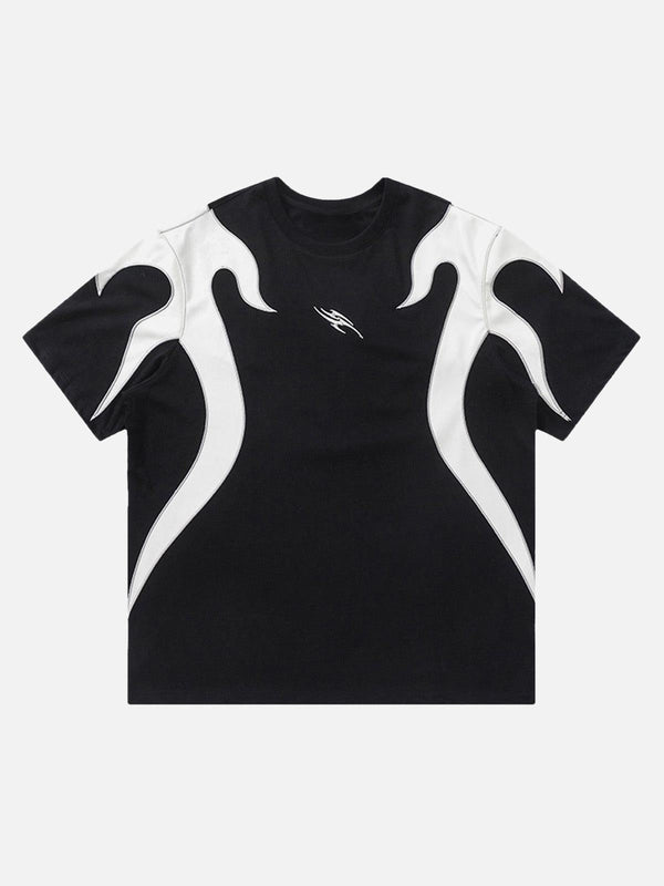 Front view of a black Patchwork Totem T-shirt by TALISHKO, showcasing bold white patterns.