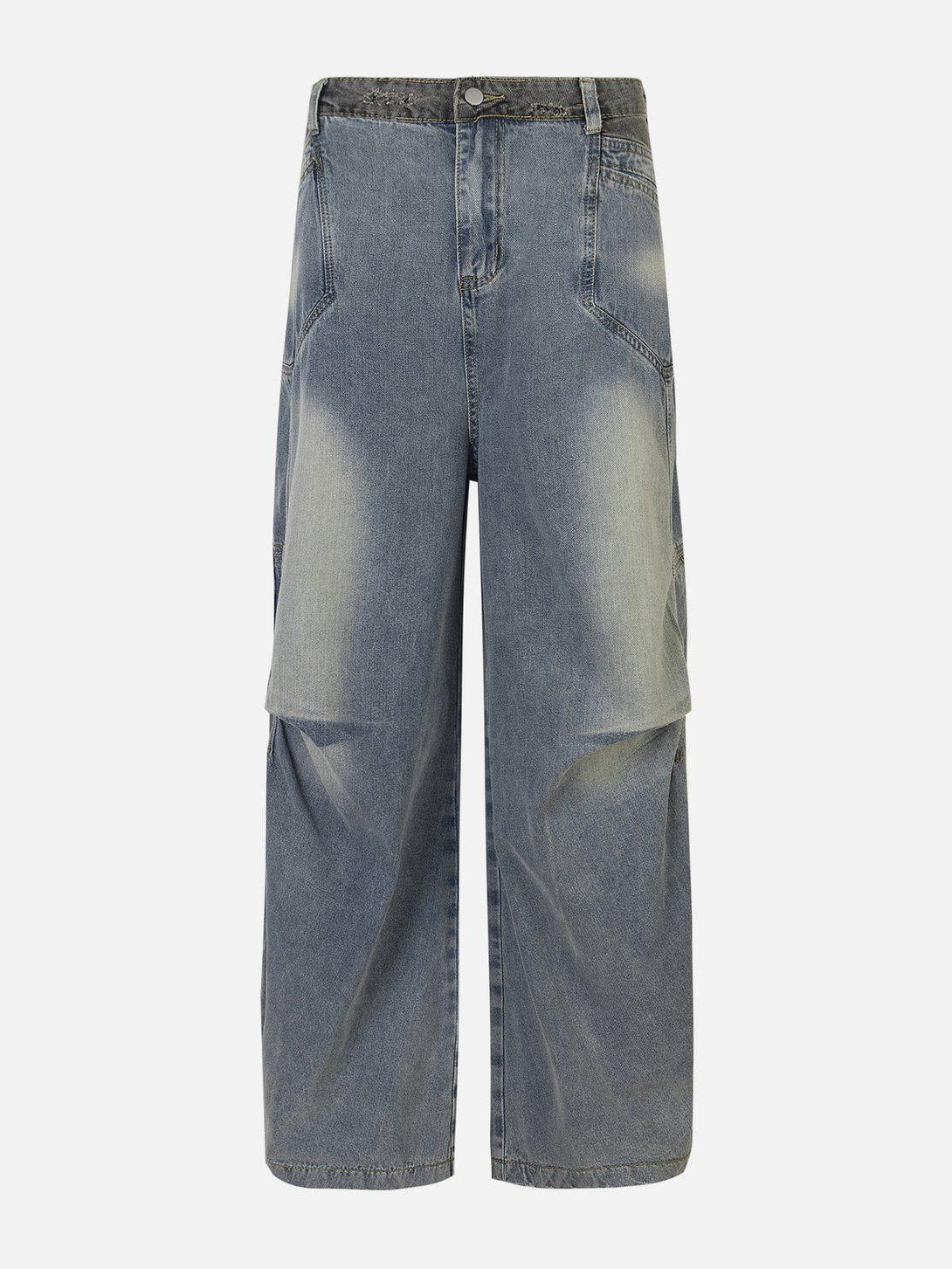 Front view of blue patchwork waist loose jeans by TALISHKO, featuring a trendy wrinkle design.