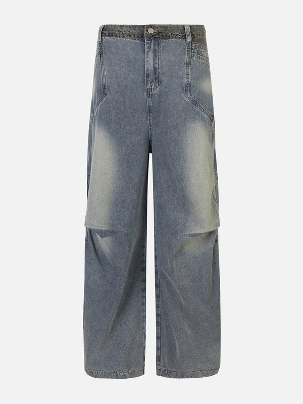 Front view of blue patchwork waist loose jeans by TALISHKO, featuring a trendy wrinkle design.