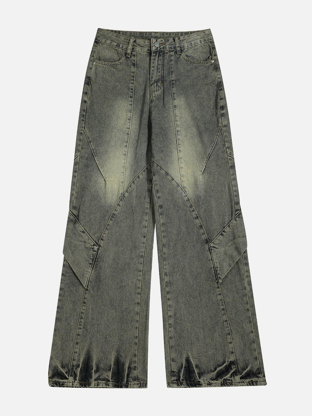 Front view of blue patchwork washed jeans by TALISHKO, highlighting unique street style.