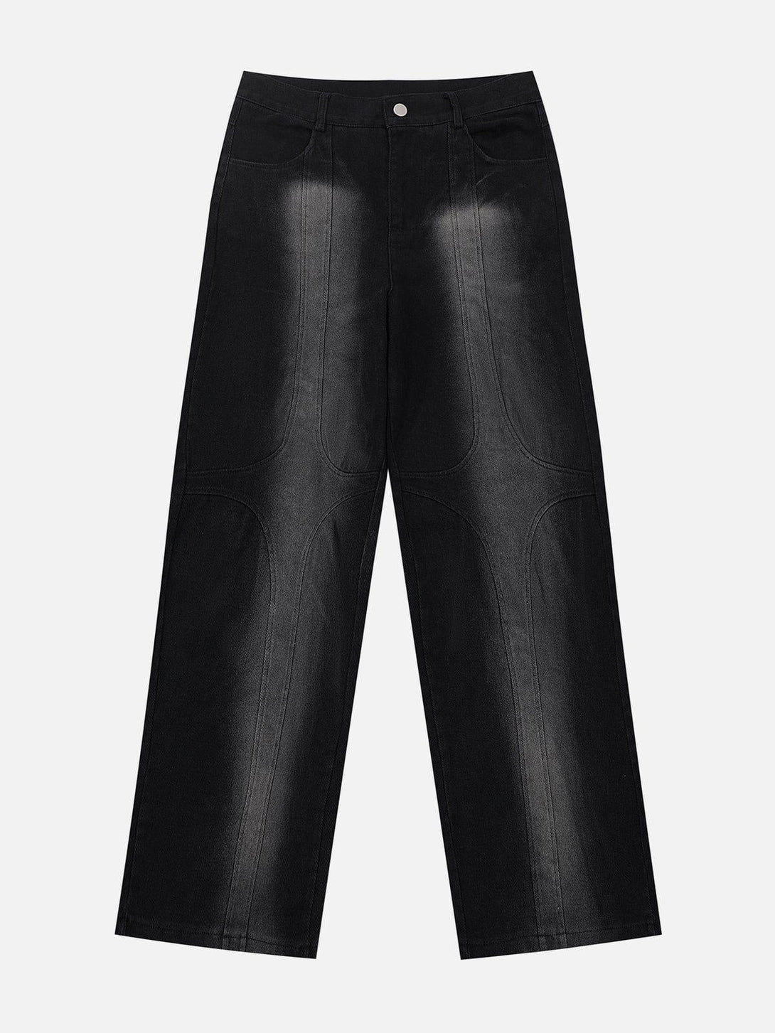 Front view of black patchwork jeans by TALISHKO, showcasing a washed design for urban style.