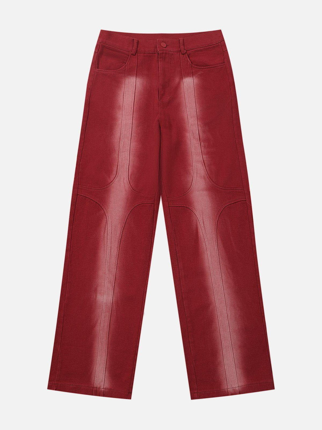 Front view of red patchwork jeans by TALISHKO, highlighting a unique washed design.