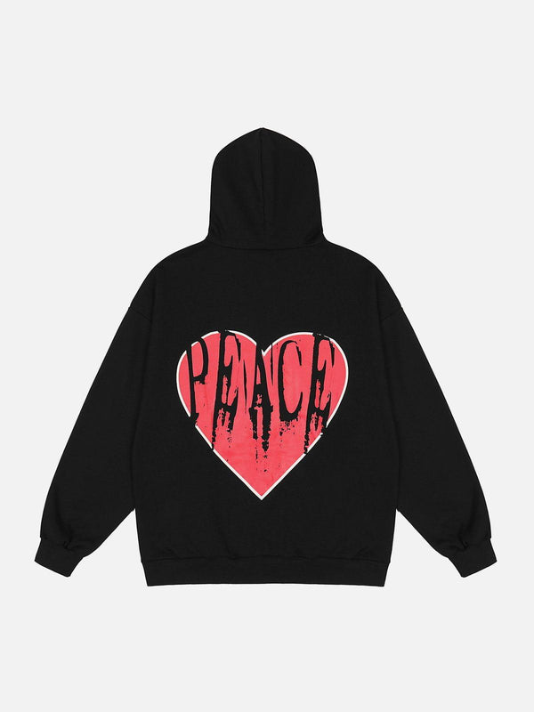 Back view of a black hoodie by TALISHKO featuring a red heart with "Peace" text, ideal for casual style.