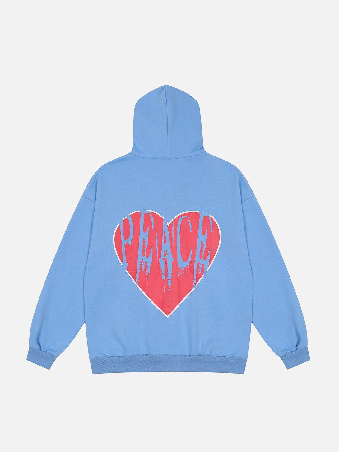 Back view of a blue TALISHKO hoodie with a red heart and "Peace" print, perfect for casual wear.