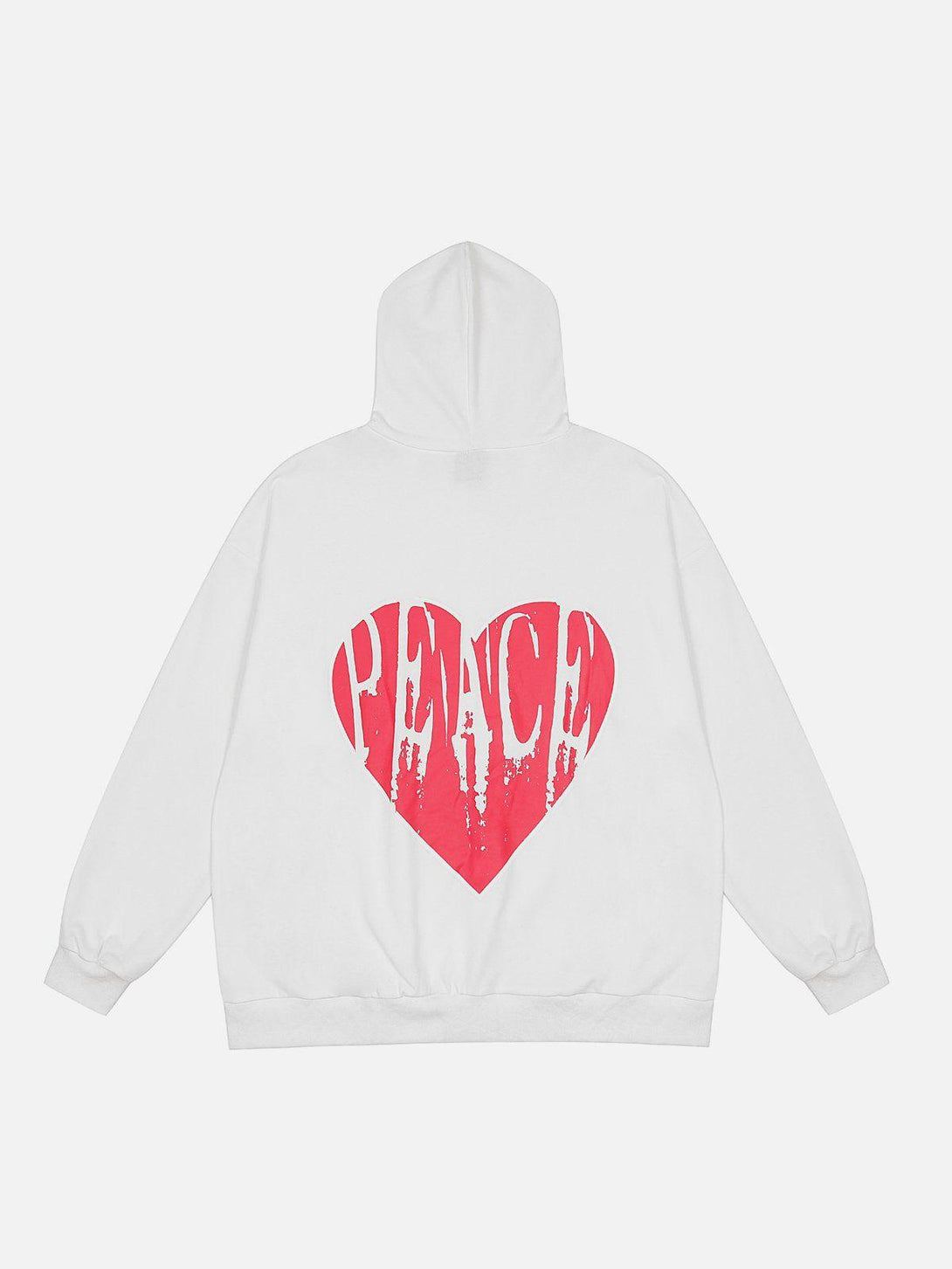 Back view of a white TALISHKO hoodie featuring a bold red heart with "Peace" lettering.