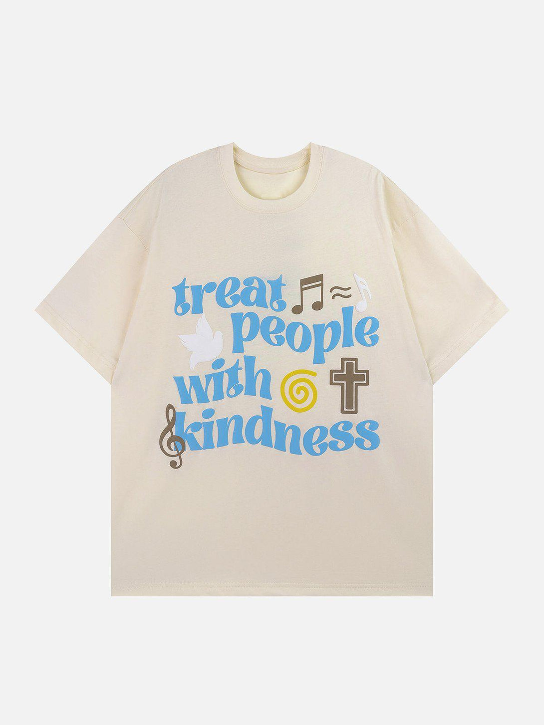 Front view of apricot tee by TALISHKO, featuring a "treat people with kindness" print and music elements.
