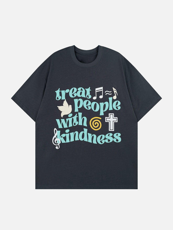 Black tee by TALISHKO featuring "treat people with kindness" design and music elements.